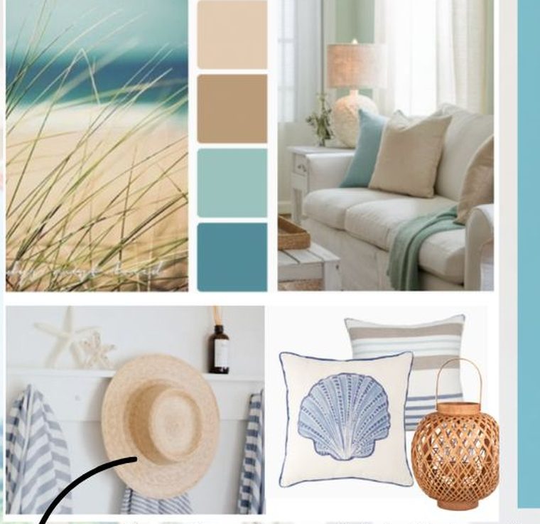 Esempio di moodboard coastal: mare, sabbia, salvia e teal